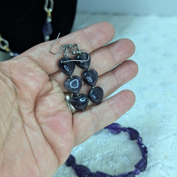 Vintage Estate Amethyst? Ametrine? Beaded Gold Tone Necklace Earrings Bracelet - Picture 8 of 10